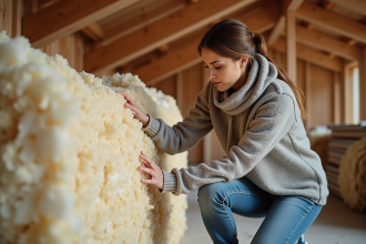 Femme inspectant l'isolation en fibre naturelle dans une maison en bois