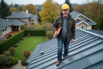 Homme d'âge moyen inspectant un toit en métal moderne sur une maison de banlieue