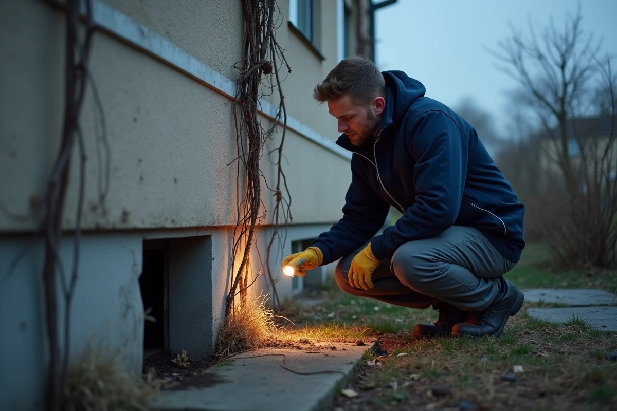 Professionnel inspectant des traces et crottes de fouine près d'une ouverture de ventilation en hiver