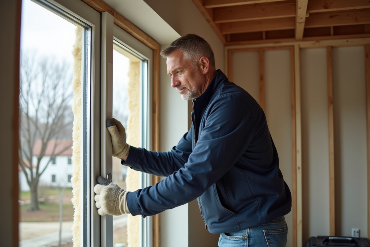 Ouvrier isolant une fenêtre dans une maison en rénovation
