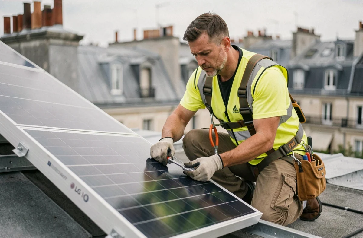 Technicien installant un panneau solaire LG 400W sur un toit en milieu urbain français