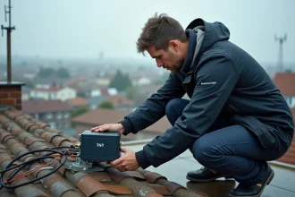 Technicien installant un amplificateur TNT avec filtre 5G sur un toit résidentiel