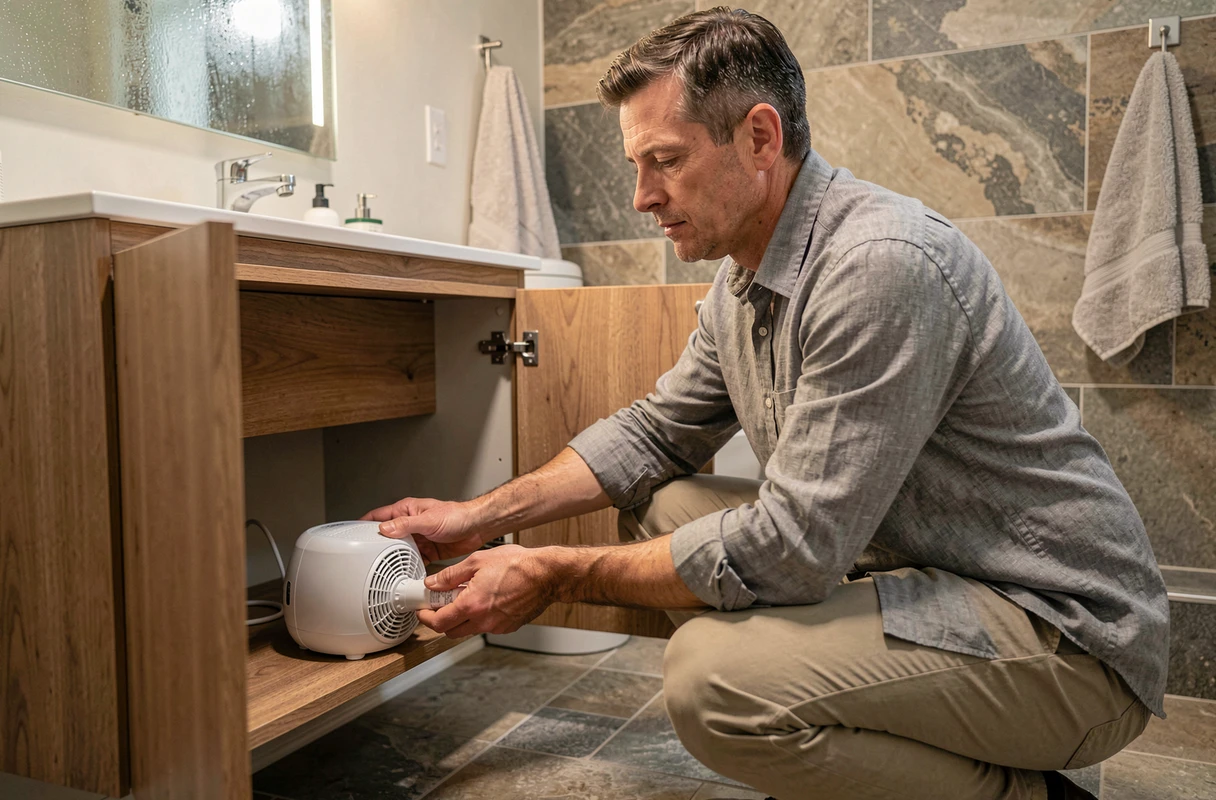 Homme installant un déshumidificateur sous un meuble vasque pour lutter contre l'humidité et les mauvaises odeurs en salle de bain