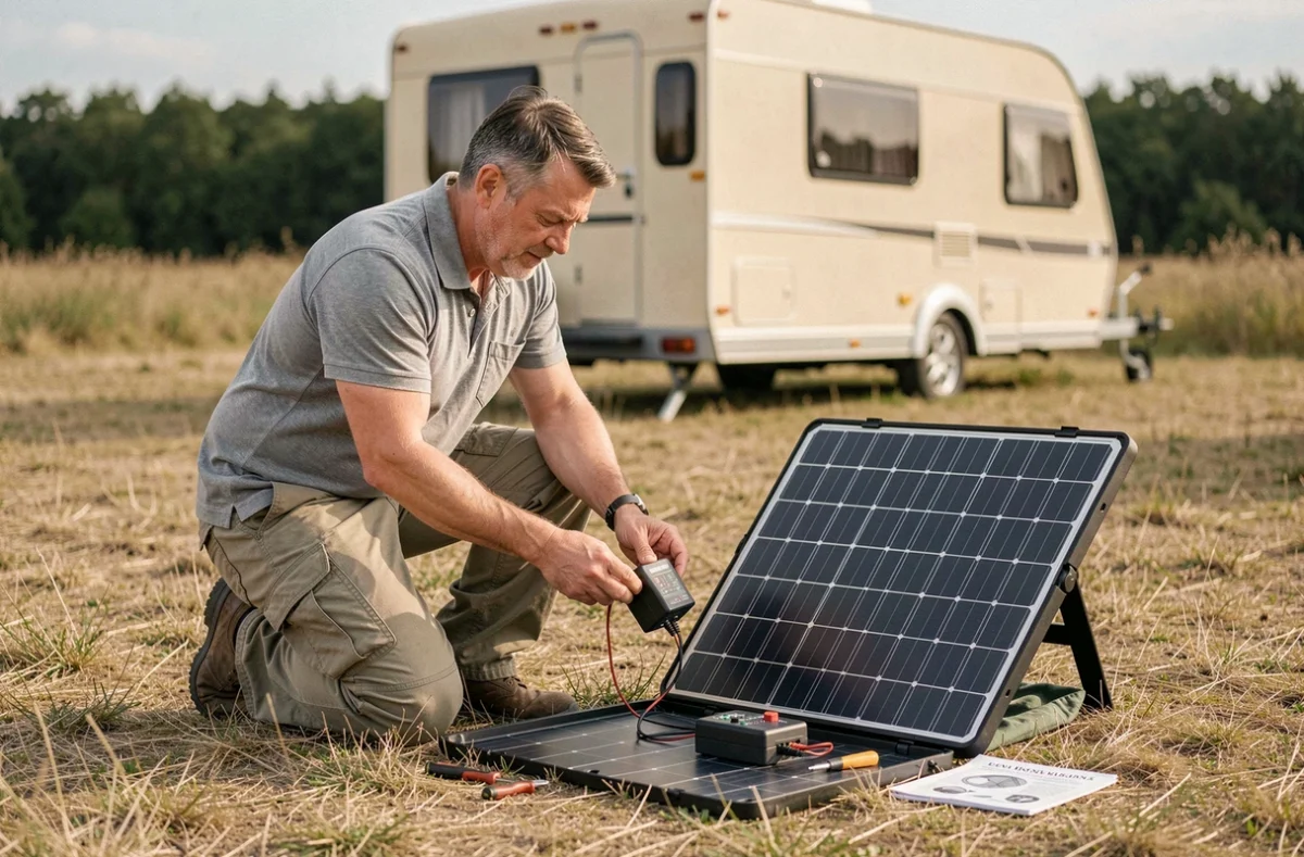 Homme installant un kit de panneaux solaires portables pliables à côté d'une caravane sur un terrain herbeux