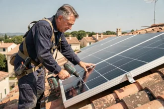 Technicien installant un panneau solaire monocristallin sur un toit de tuiles en France