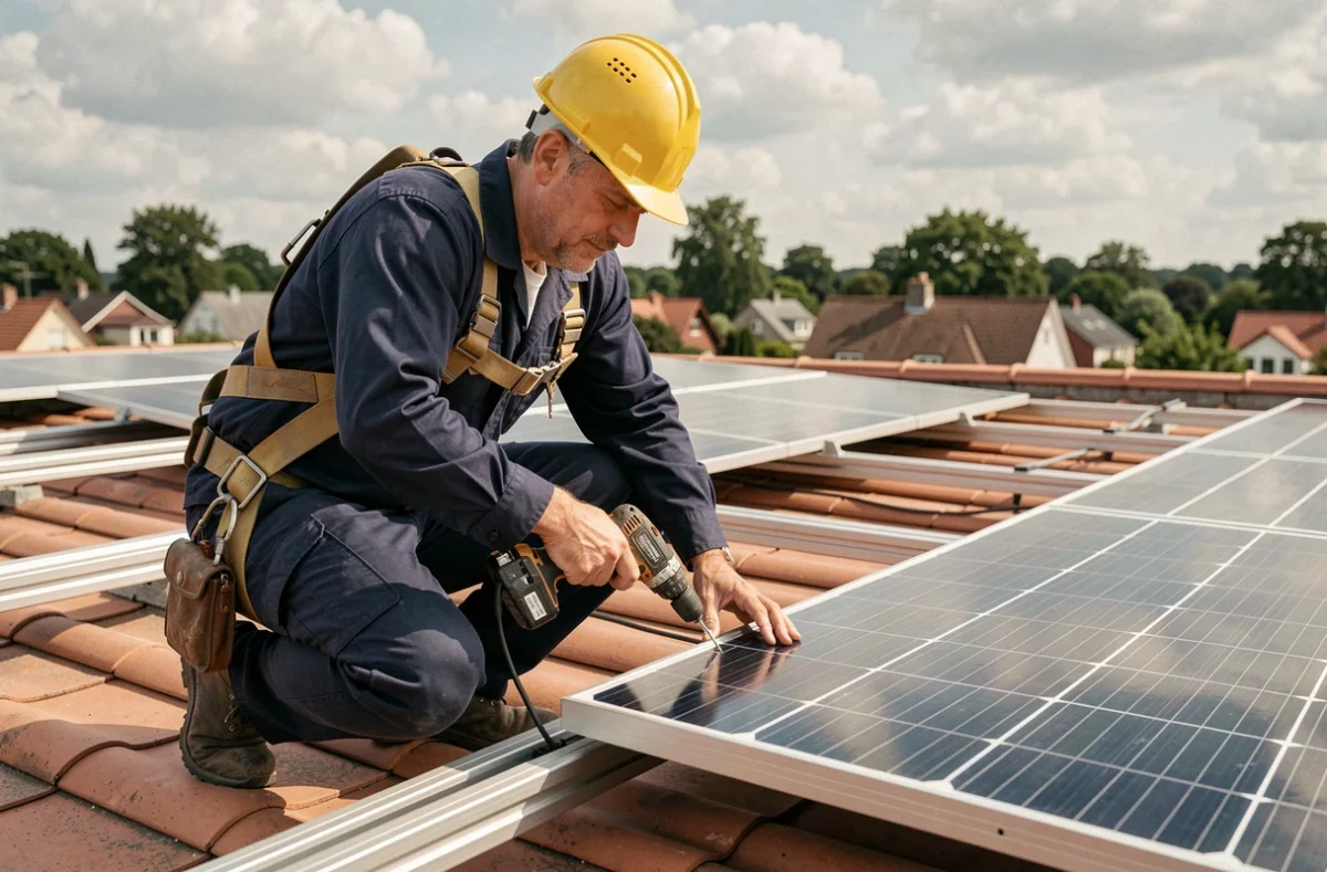 Installateur professionnel posant des panneaux solaires sur le toit d'une maison résidentielle