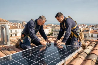 Deux techniciens installant des panneaux solaires sur un toit en tuiles à Marseille avec vue sur la mer Méditerranée