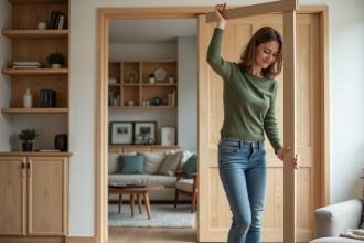 Femme installant une porte en bois dans un salon lumineux