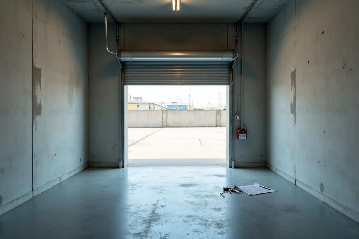 Intérieur d'un box garage vide avec contrat d'assurance et clés au sol lors d'une remise des clés
