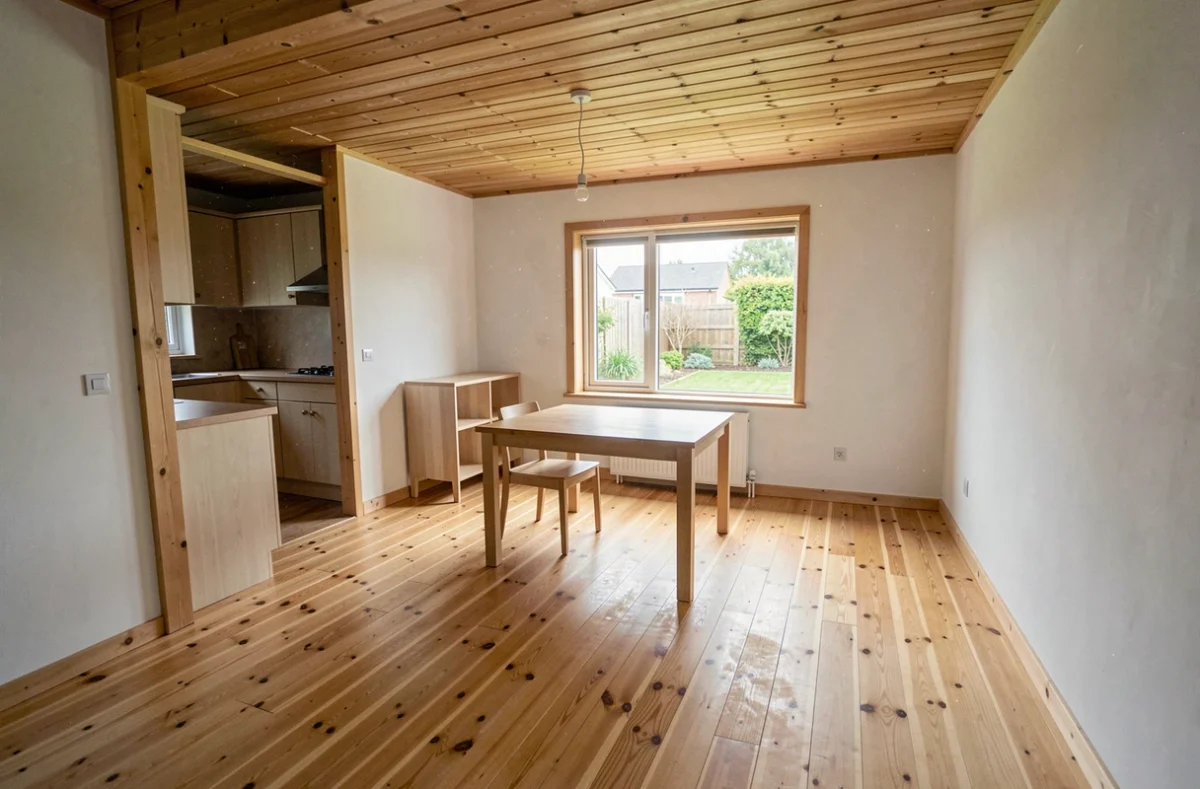 Intérieur modeste d'une maison en bois préfabriquée d'entrée de gamme avec salon et cuisine ouverts en pin naturel