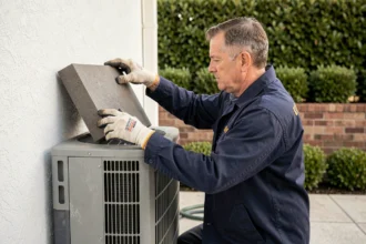 Technicien appliquant des panneaux insonorisants acoustiques sur une pompe à chaleur extérieure dans un jardin de maison individuelle