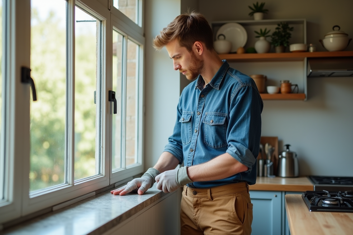 Jeune homme scellant une fenêtre avec du ruban d