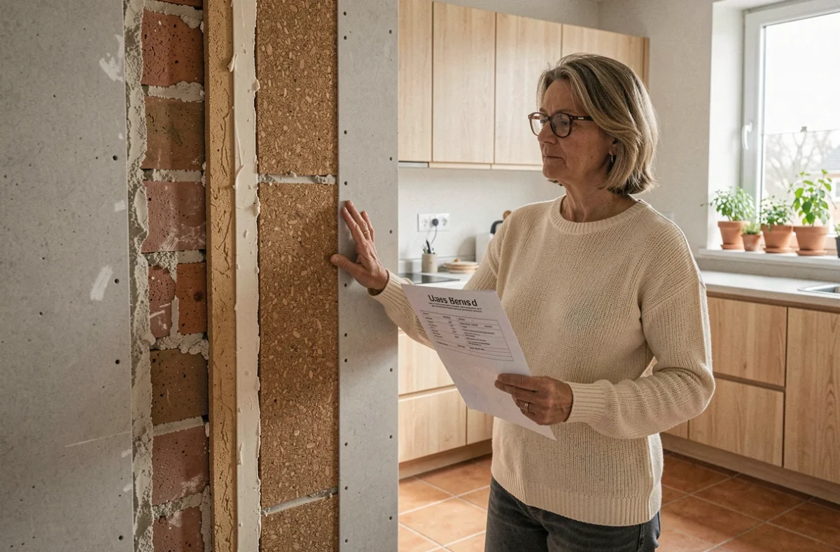Femme examinant une coupe transversale de mur isolé au liège dans une cuisine en cours de rénovation