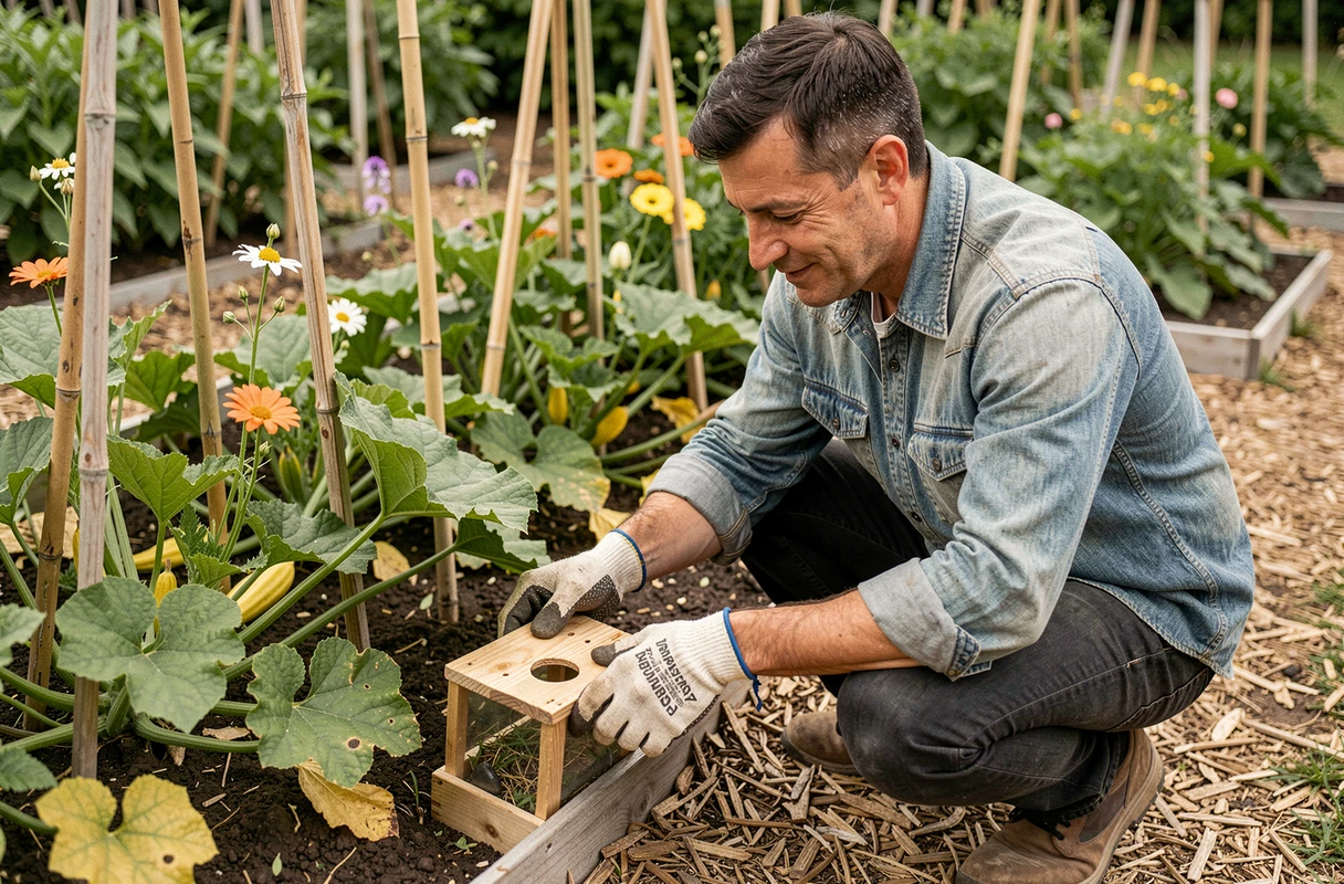 Jardinier inspectant un piège à phéromone artisanal posé au sol dans un potager fleuri