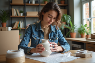 Jeune femme emballant une vase en céramique avec soin