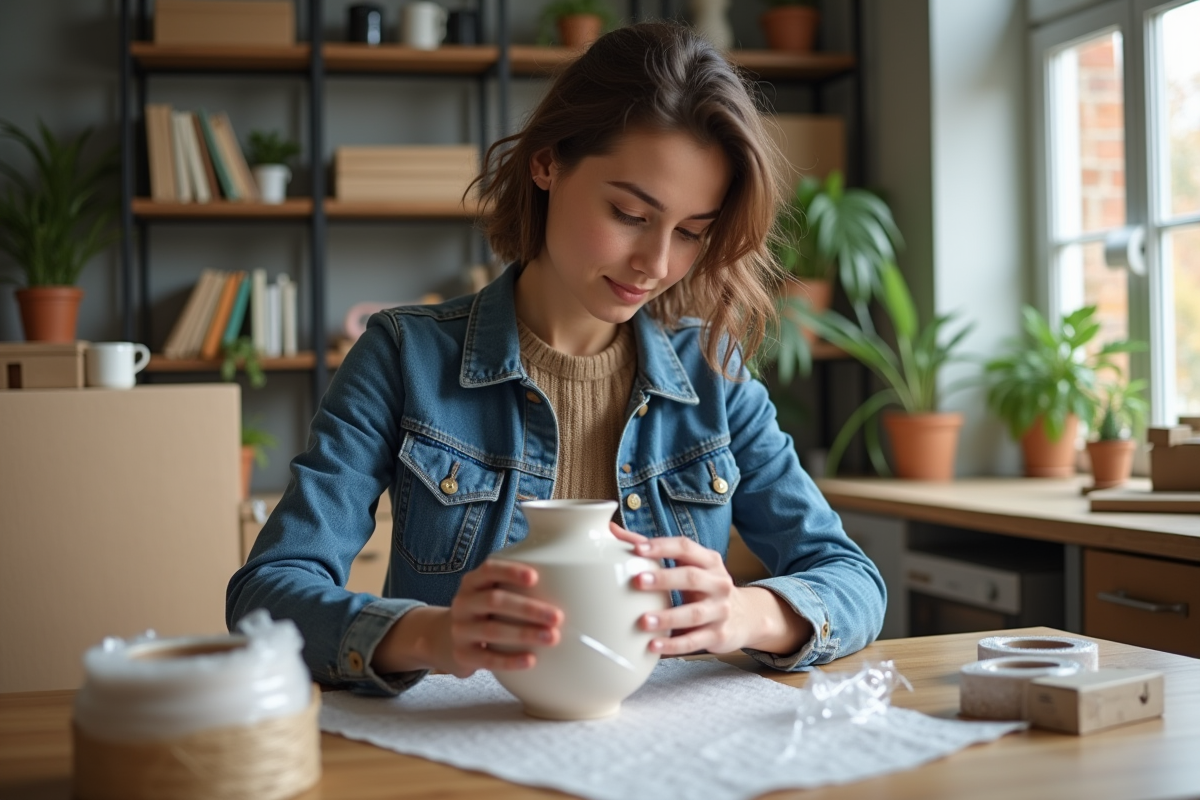 Jeune femme emballant une vase en céramique avec soin