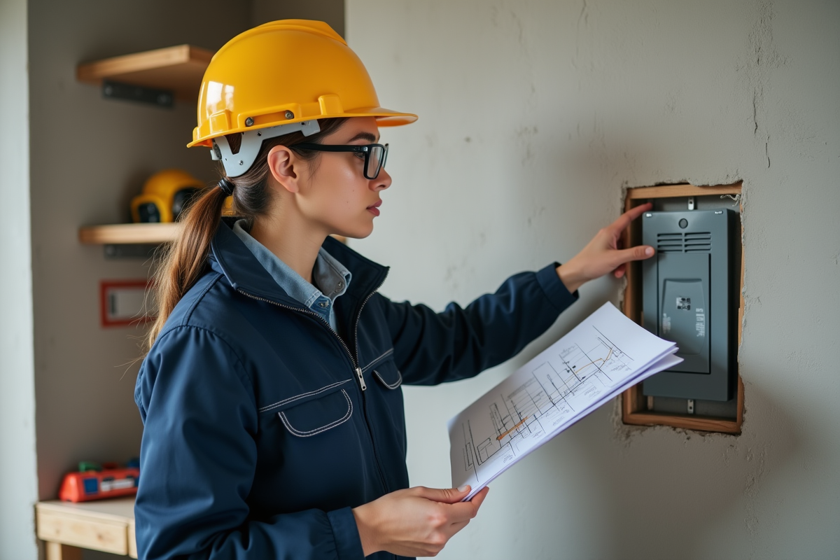 Jeune ingénieure vérifiant un panneau électrique intérieur