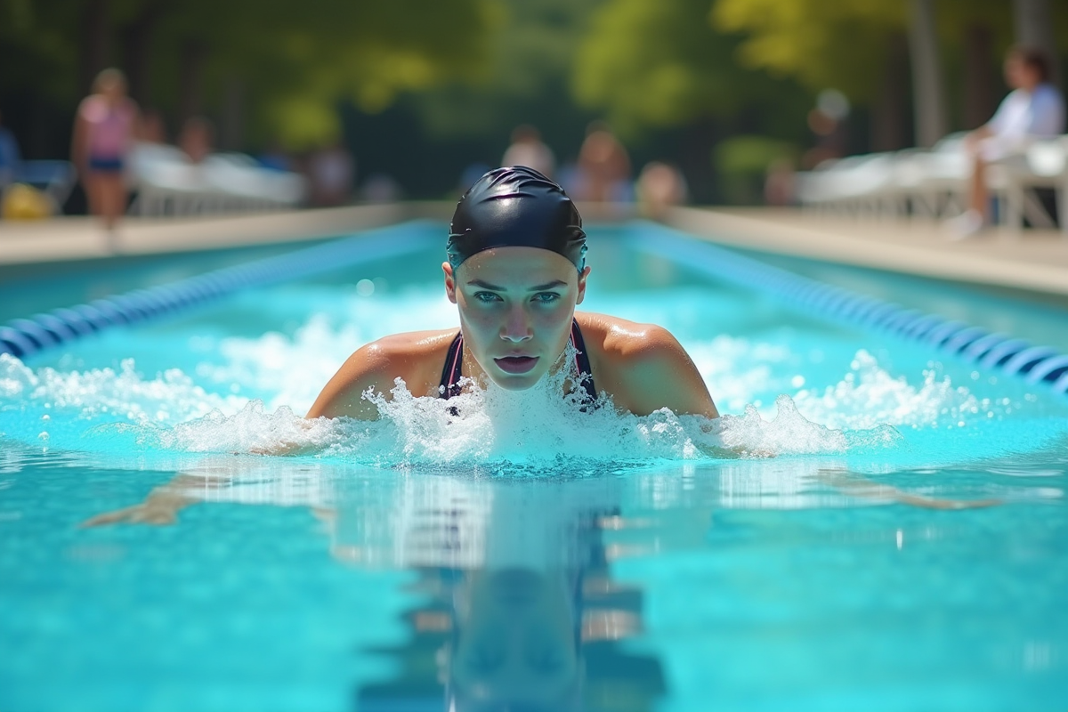 Jeune femme nageant en crawl dans une piscine extérieure en été