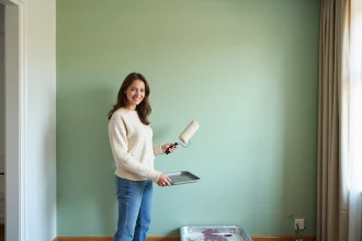 Jeune femme souriante devant un mur vert dans un appartement