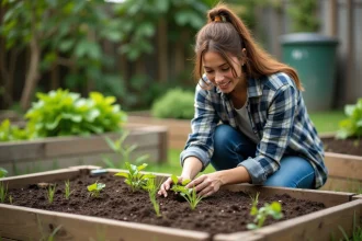 Jeune femme plantant des légumes dans un jardin bio