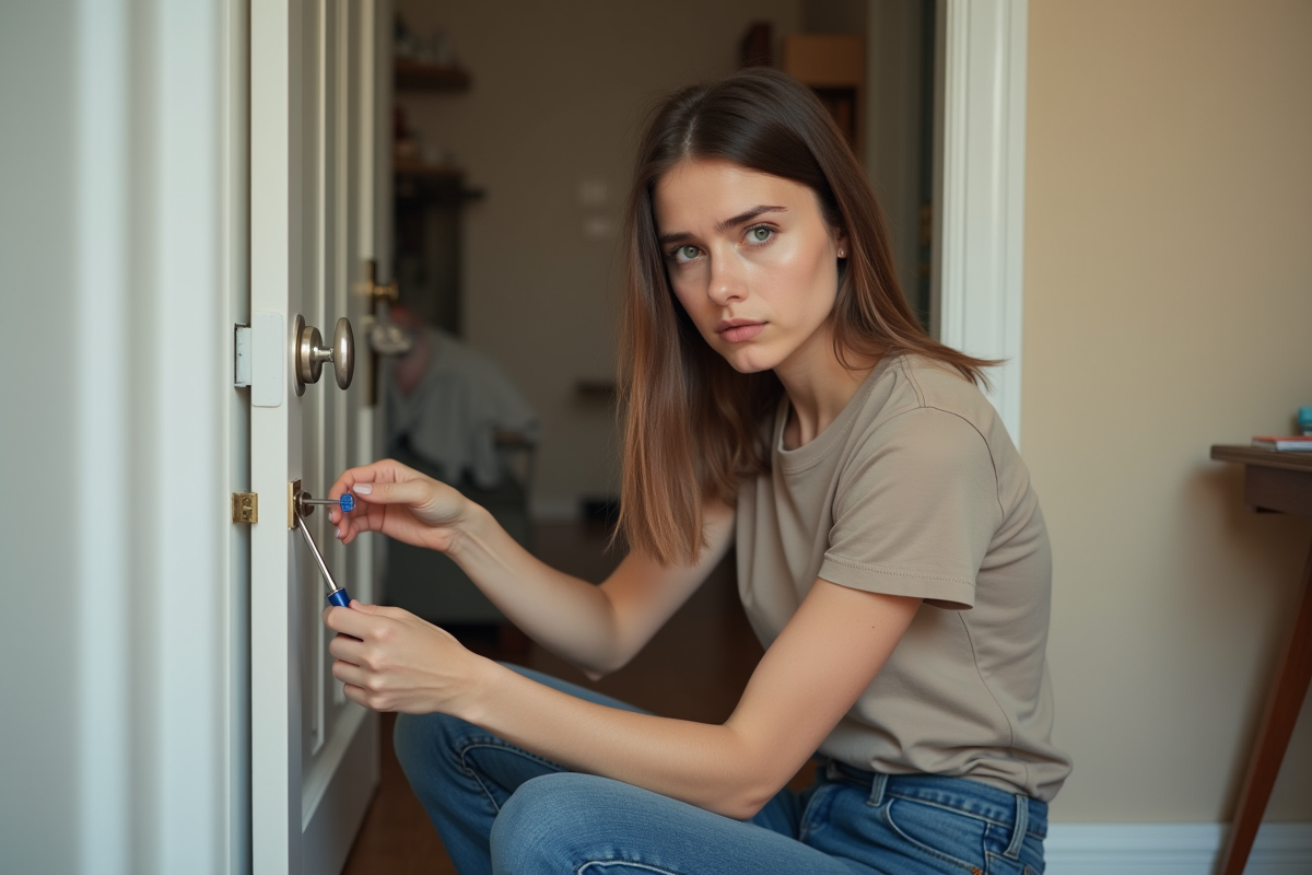 Jeune femme réparant une charnière de porte chez elle