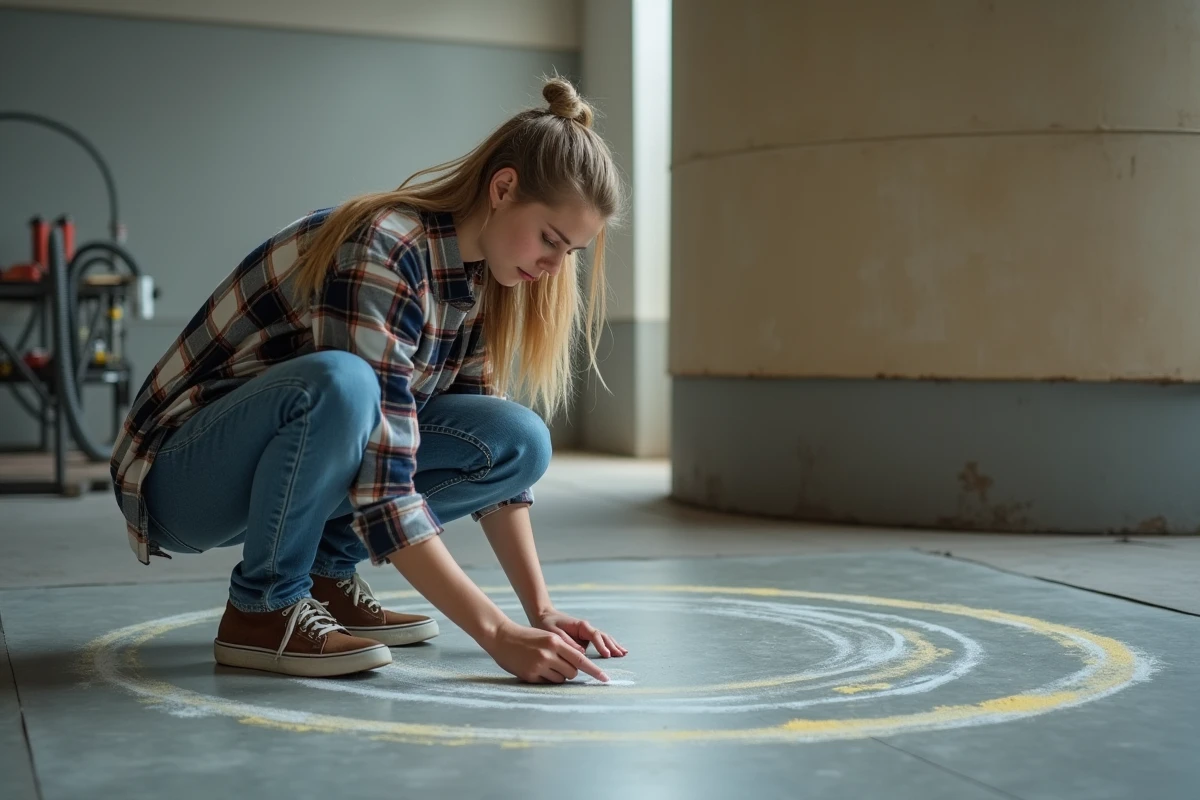 Jeune femme en jeans et chemise à carreaux trace le réservoir avec de la craie