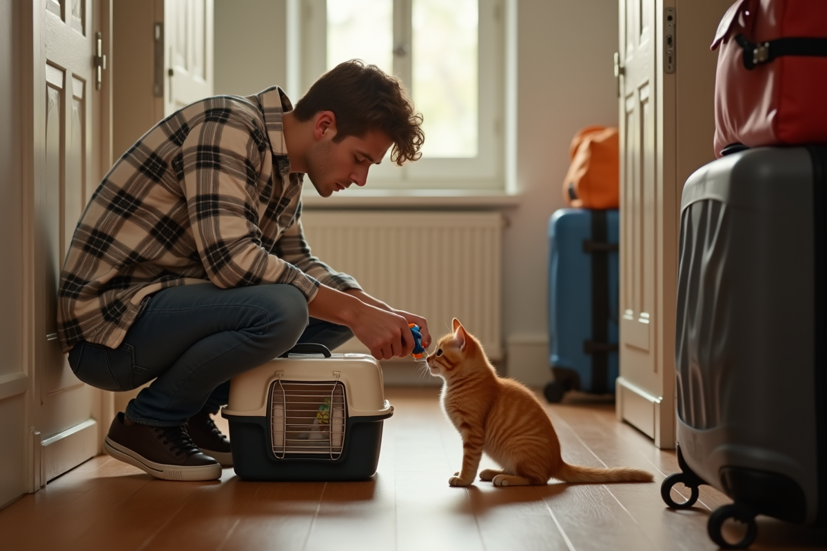 Jeune homme encourageant un chaton dans un couloir