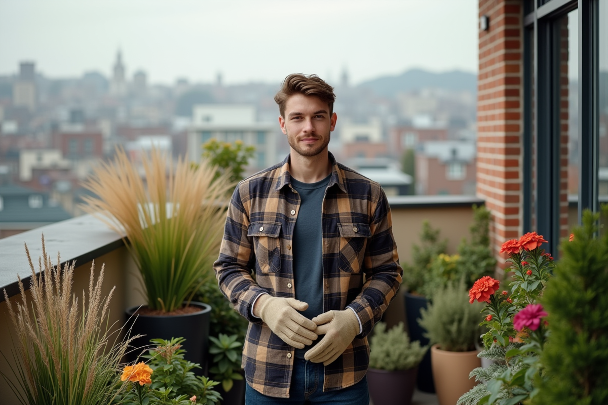 Jeune homme en flanelle sur balcon avec plantes et vue urbaine