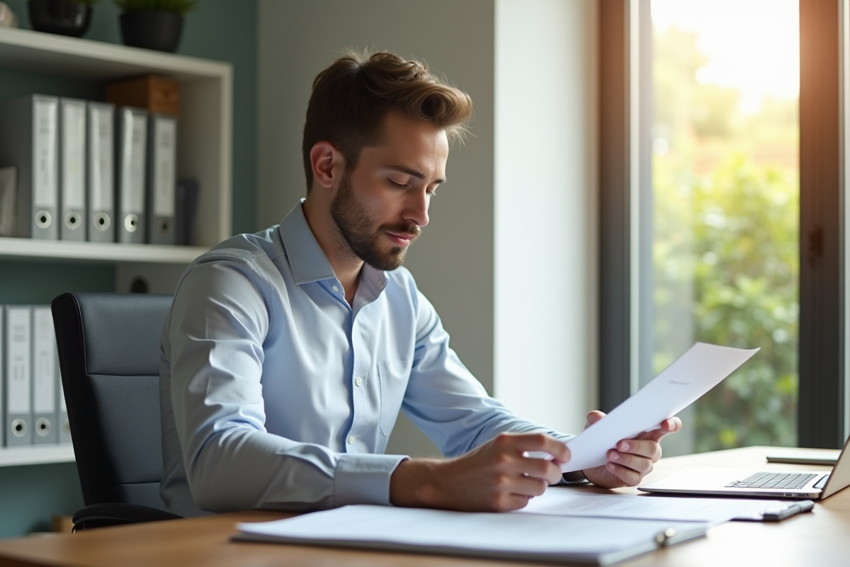Jeune homme lisant des documents dans un bureau lumineux