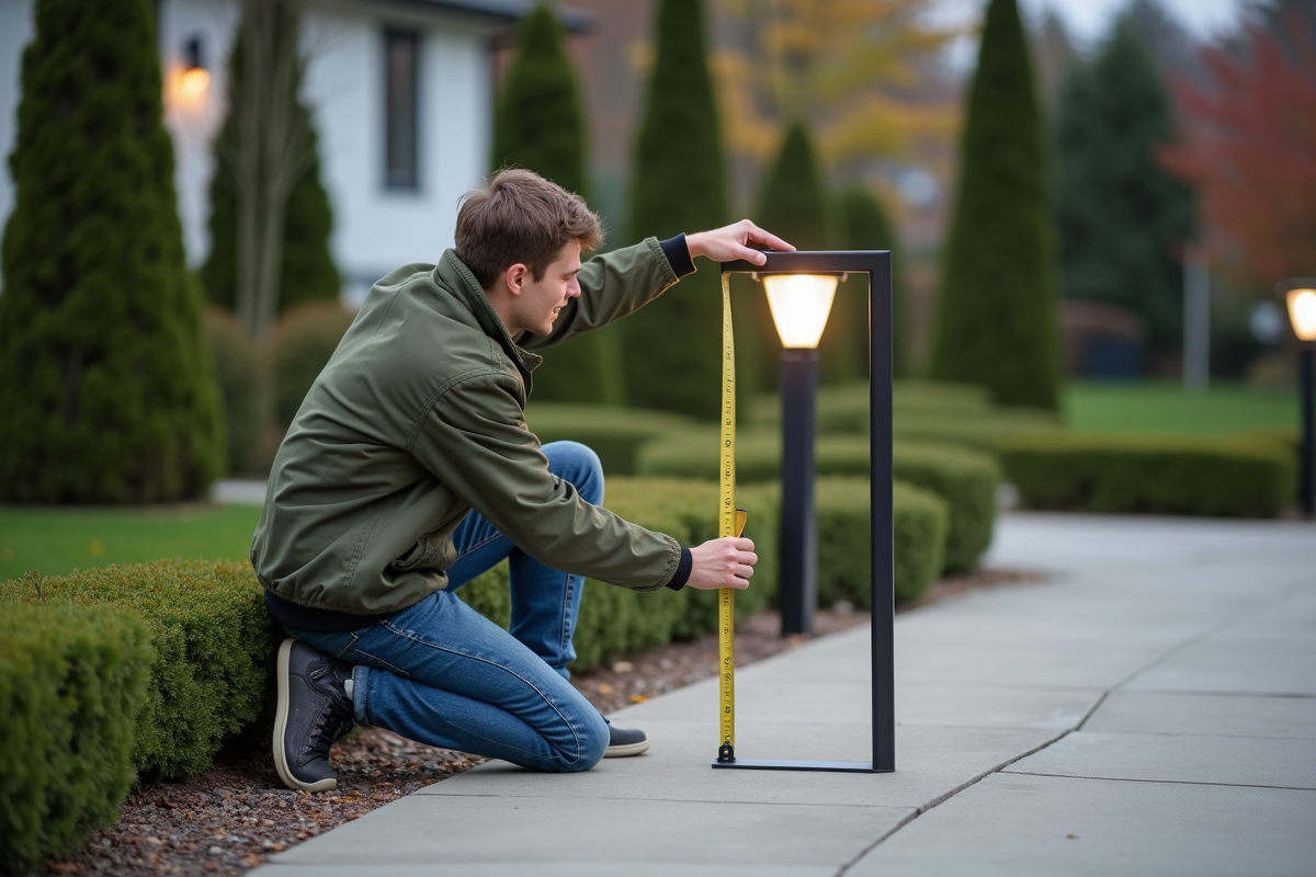 Jeune homme en veste verte mesurant une lampe dans le jardin