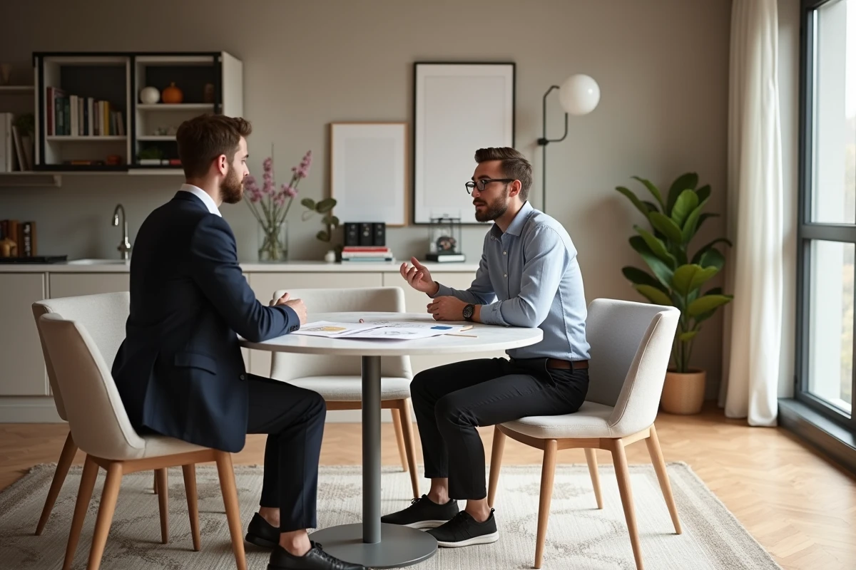 Jeune homme discutant de design avec decorateur dans salle lumineuse