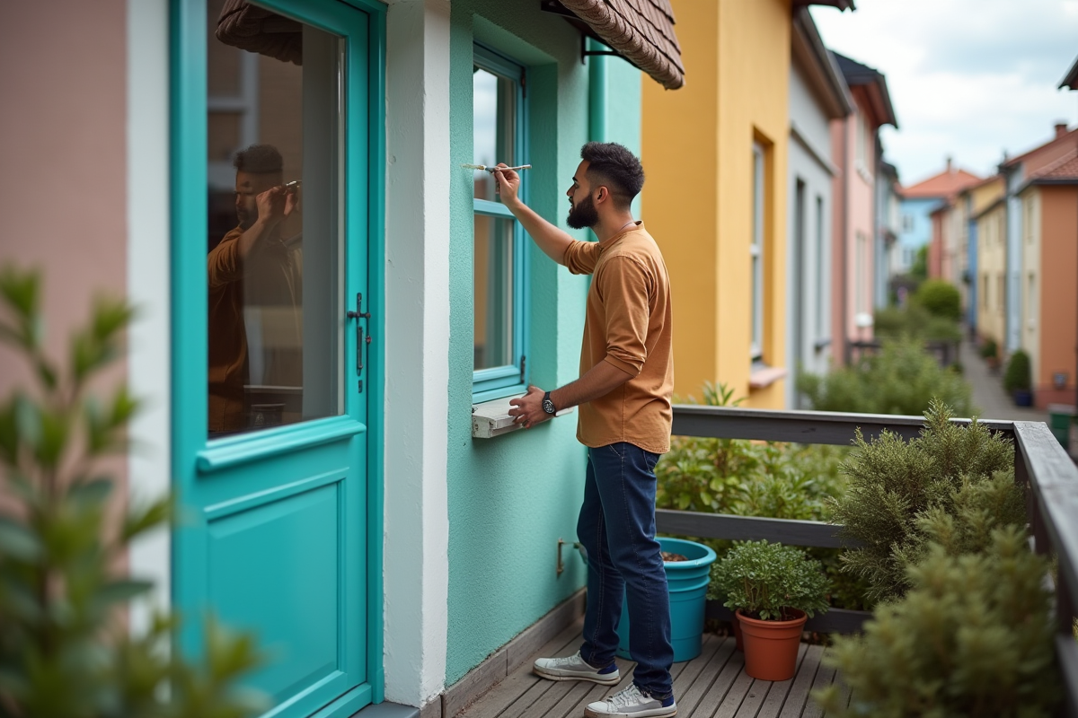 Jeune homme peint la porte d un appartement en bleu vert