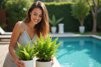 Femme souriante arrangeant des plantes vertes près de la piscine