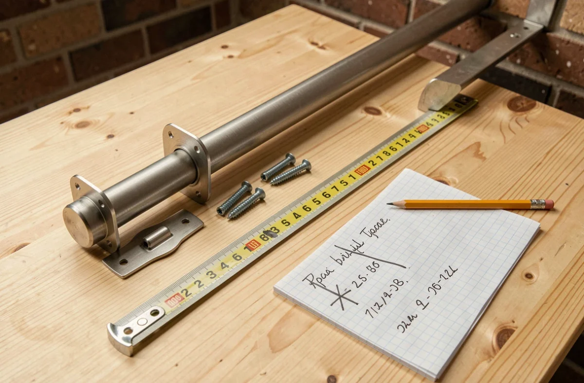 Vue de dessus d'un kit tringle à rideau avec mètre ruban, supports et notes de mesures corrigées sur une table en bois