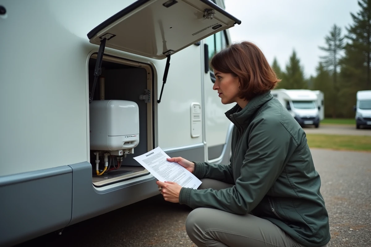 Femme consultant une liste de codes erreur Truma devant un camping-car garé sur un terrain de camping