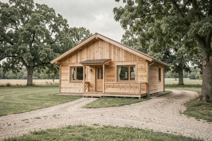 Maison en bois clé en main d'entrée de gamme avec bardage naturel et toiture simple, implantée dans un terrain rural français