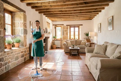 Professionnelle du ménage à domicile dans une maison de style occitan avec carrelage en terre cuite et murs en pierre
