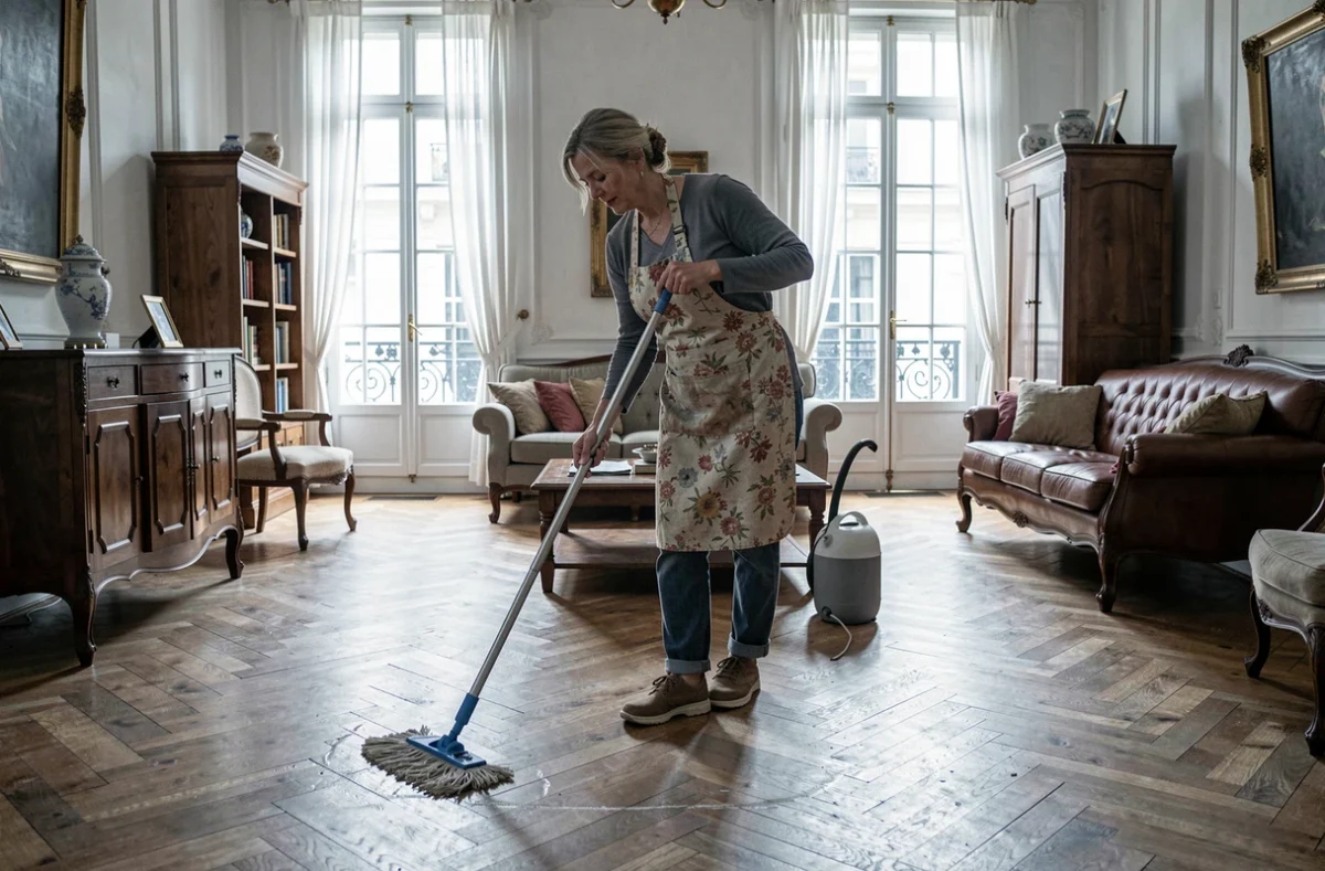 Femme d'âge mûr faisant le ménage dans un grand salon d'appartement parisien avec parquet en bois