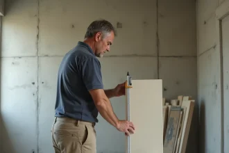 Artisan mesurant l'épaisseur d'un panneau de placo isolant avec un pied à coulisse dans un chantier de rénovation intérieure