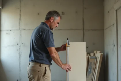 Artisan mesurant l'épaisseur d'un panneau de placo isolant avec un pied à coulisse dans un chantier de rénovation intérieure