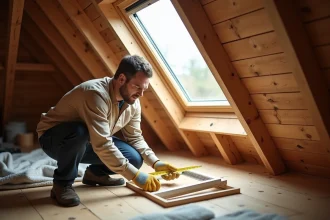 Artisan mesurant une fenêtre de toit Velux 55x78 dans un grenier en bois avec un mètre ruban jaune