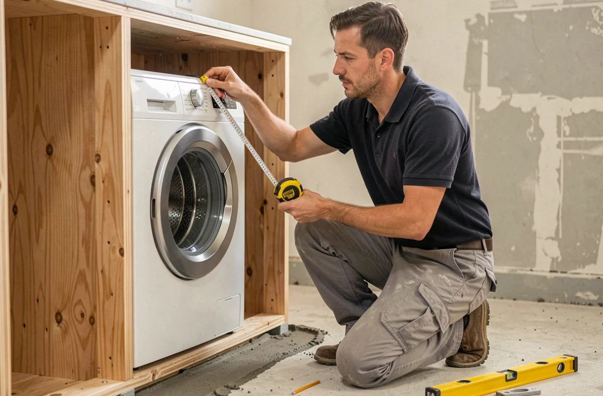 Installateur mesurant la hauteur d'une machine à laver encastrable avec un mètre ruban lors d'une rénovation de salle de bain