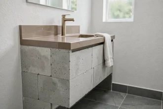 Meuble de salle de bain en béton cellulaire avec plan vasque en béton ciré taupe et robinetterie en laiton brossé