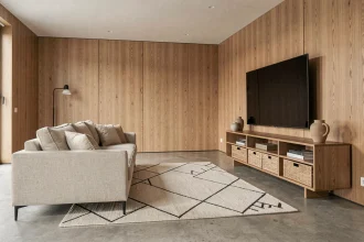 Meuble télé en chêne massif sous grand écran XXL dans un salon scandinave minimaliste