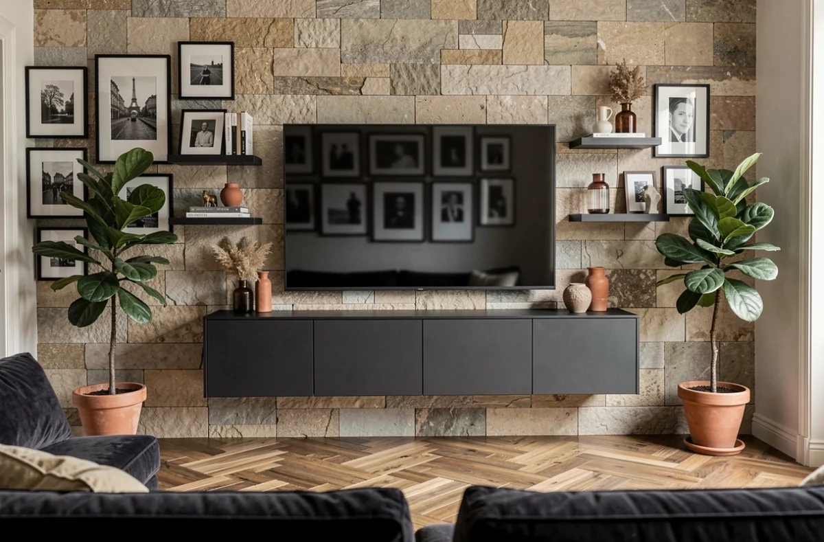 Meuble TV suspendu anthracite avec écran XXL et décoration équilibrée en salon contemporain