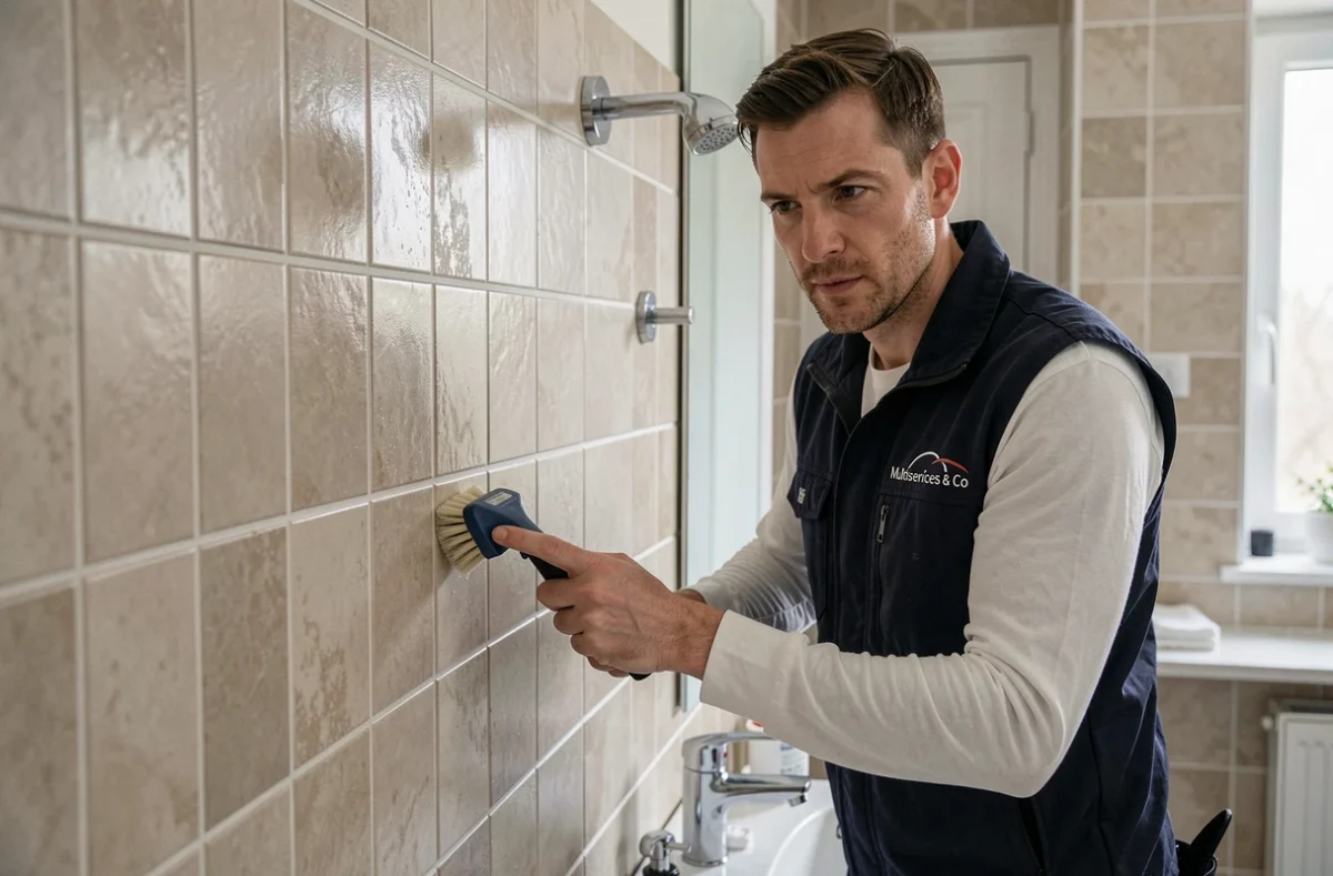 Technicien de nettoyage Multiservices & Co récurant le carrelage d'une salle de bain dans une maison française