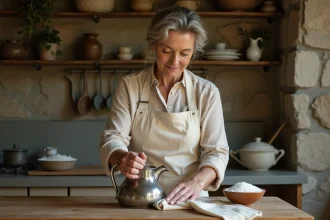 Femme nettoyant une théière en argent noirci avec du bicarbonate de soude dans une cuisine rustique