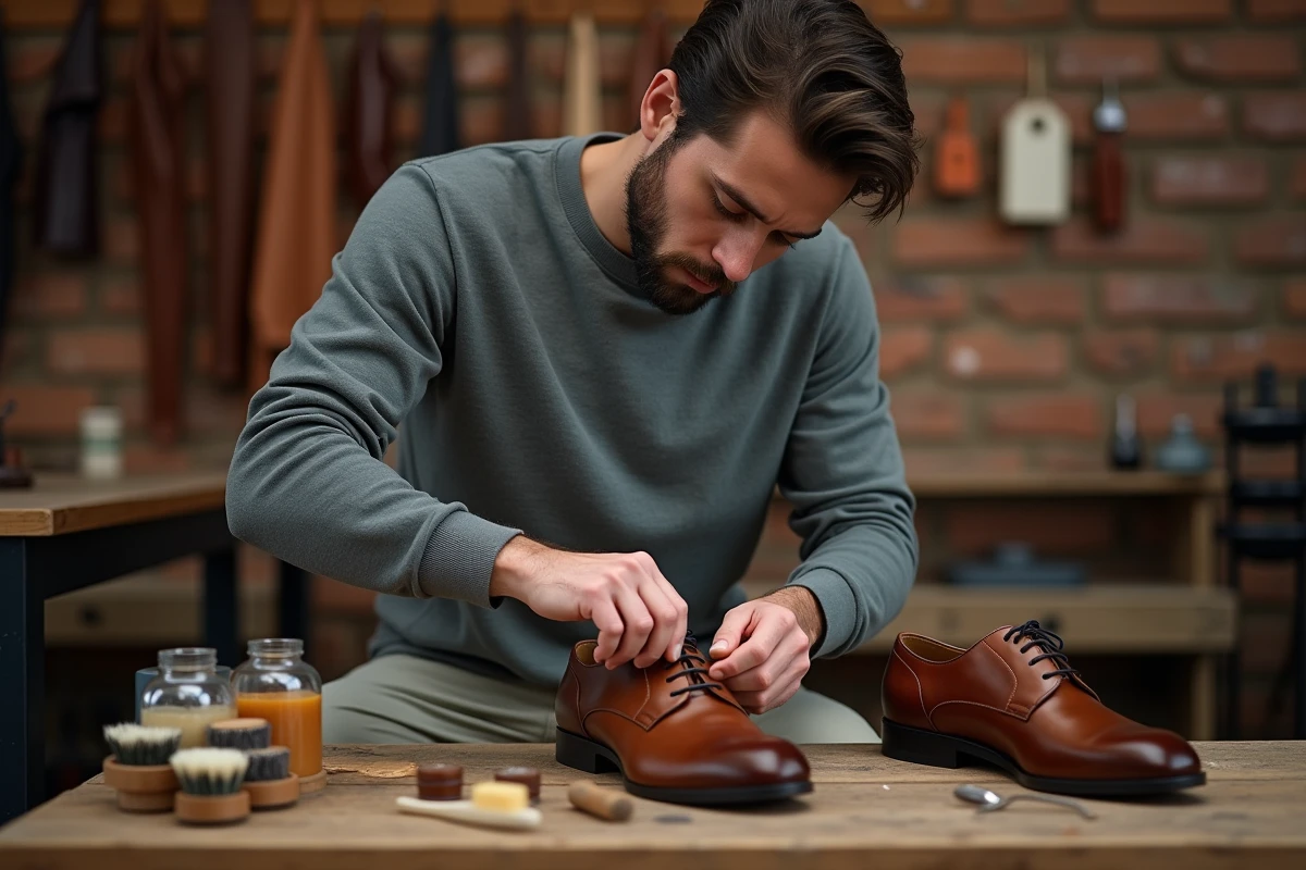 Jeune homme brossant des chaussures en cuir dans un atelier
