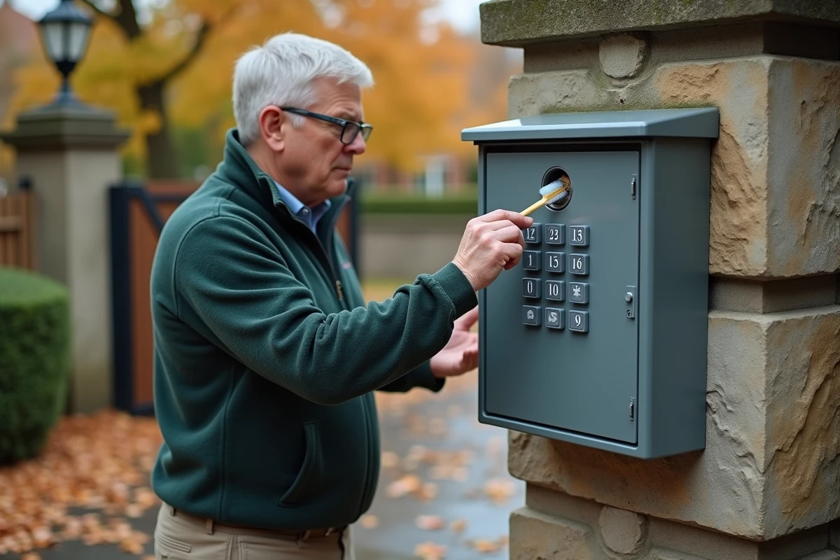 Nettoyage du clavier d'une boîte à clé code extérieure avec une brosse souple en automne