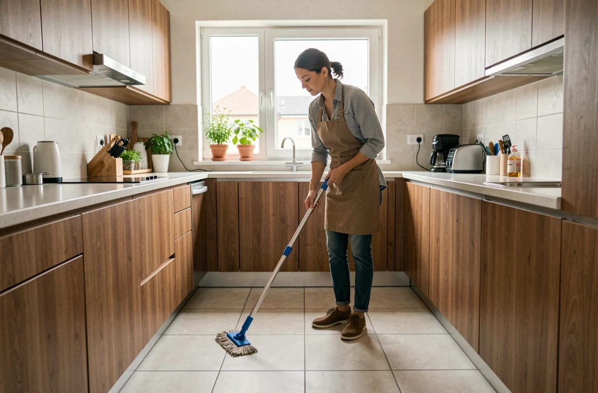 Femme de ménage nettoyant le sol d'une cuisine moderne avec une serpillière